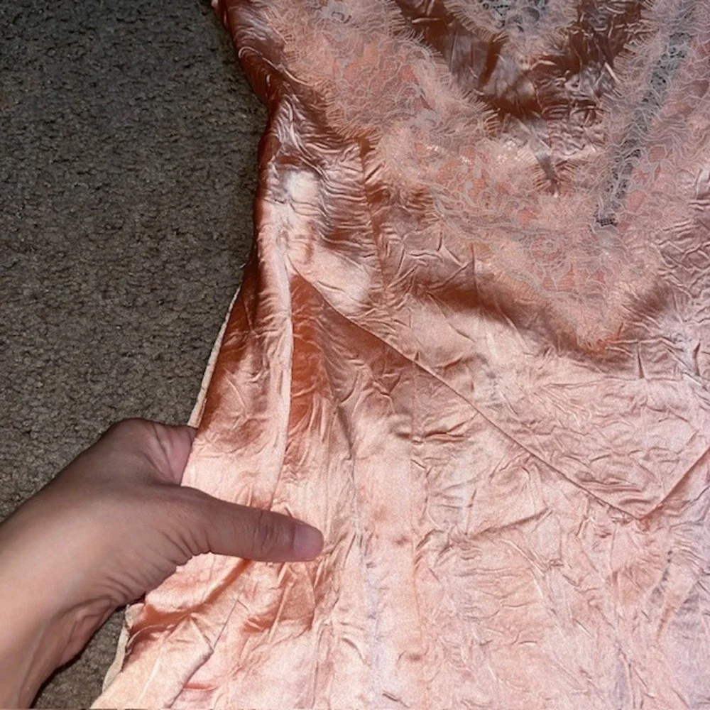 Free People Maybe Forever Maxi Dress Lace‎ Trim Crinkle Satin Peach 2